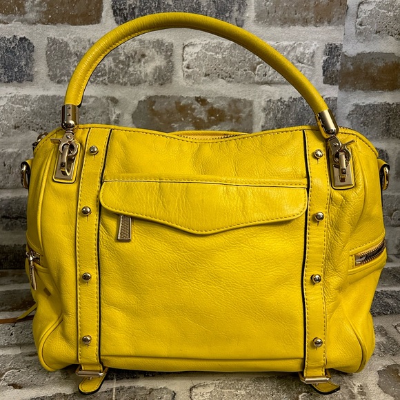 Rebecca Minkoff Yellow Leather Satchel Handbag Gold Hardware Double Handles - Picture 5 of 11